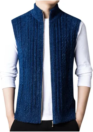 Mens Sweater Vest Chunky Knit Sleeveless Cardigan Sweaters Fashion Full Zipper Sports Vests Stand Collar Waistcoat