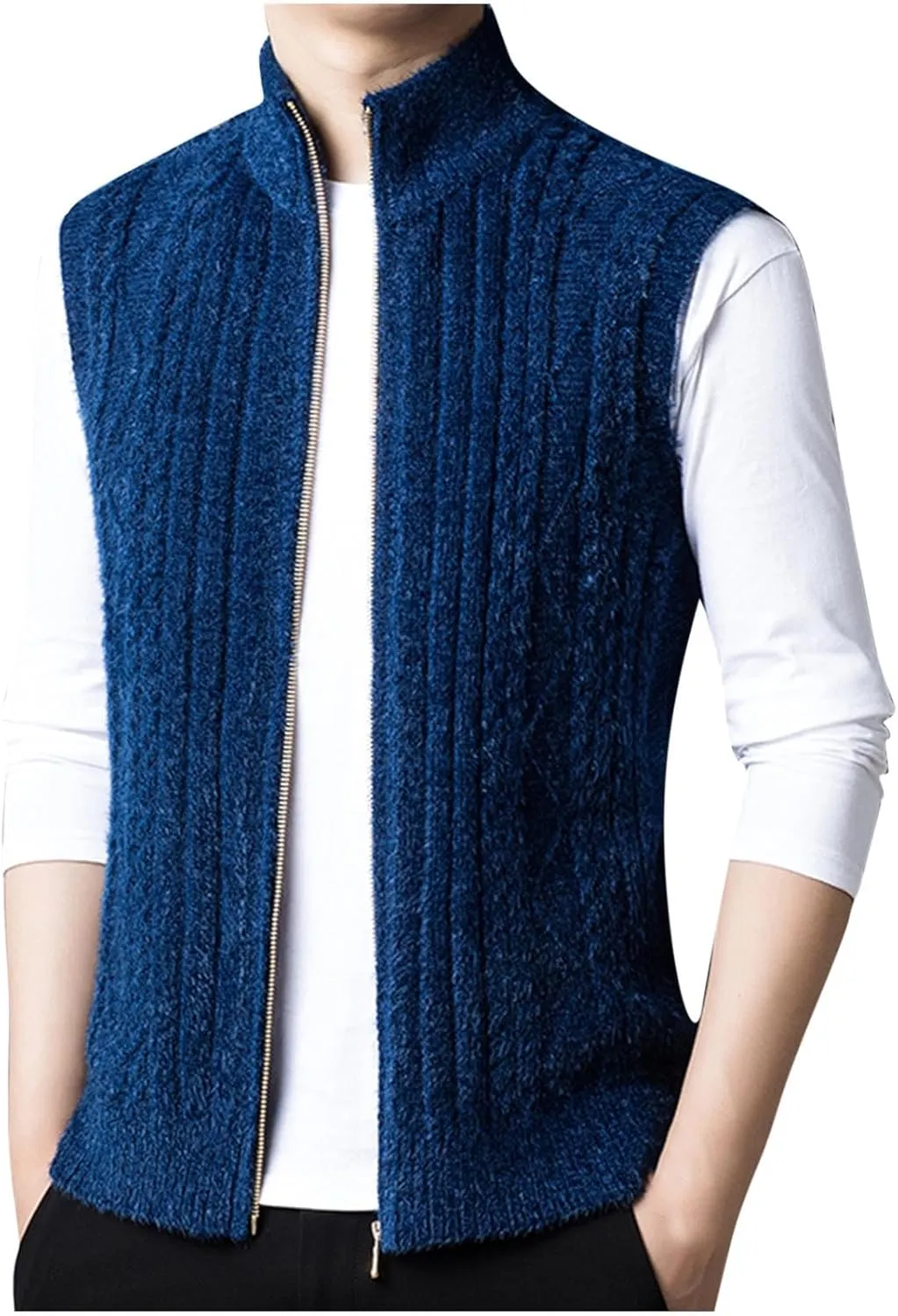 Mens Sweater Vest Chunky Knit Sleeveless Cardigan Sweaters Fashion Full Zipper Sports Vests Stand Collar Waistcoat