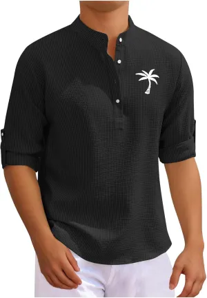 Men's Waffle Henley Shirt Trendy 3/4 Sleeve Camp Collar Dress Formal T-Shirts Hipster Summer Palm Beach Hippie Shirts