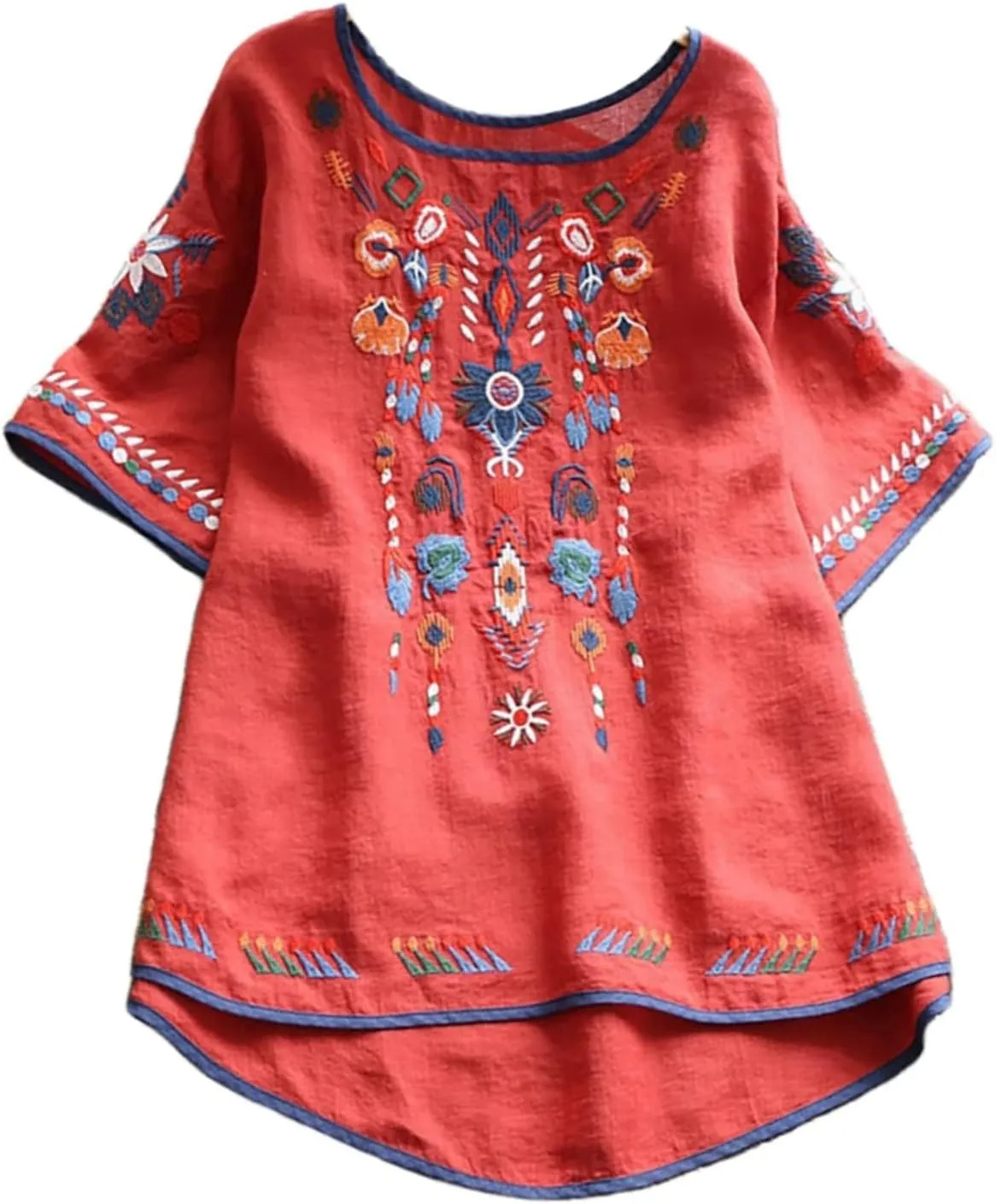 Mexican Embroidered Shirts for Women Boho Tops Loose Short Sleeve Bohemian Blouses Peasant Summer Outfits