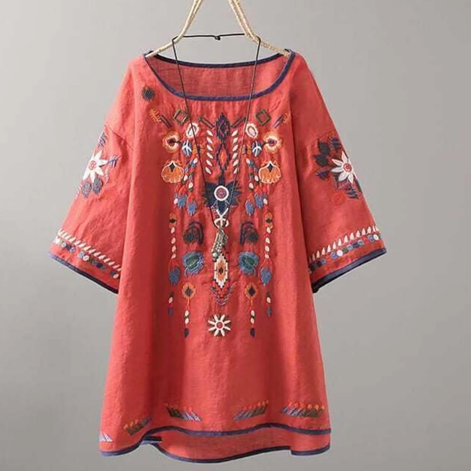 Mexican Embroidered Shirts for Women Boho Tops Loose Short Sleeve Bohemian Blouses Peasant Summer Outfits