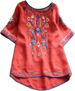 Mexican Embroidered Shirts for Women Boho Tops Loose Short Sleeve Bohemian Blouses Peasant Summer Outfits