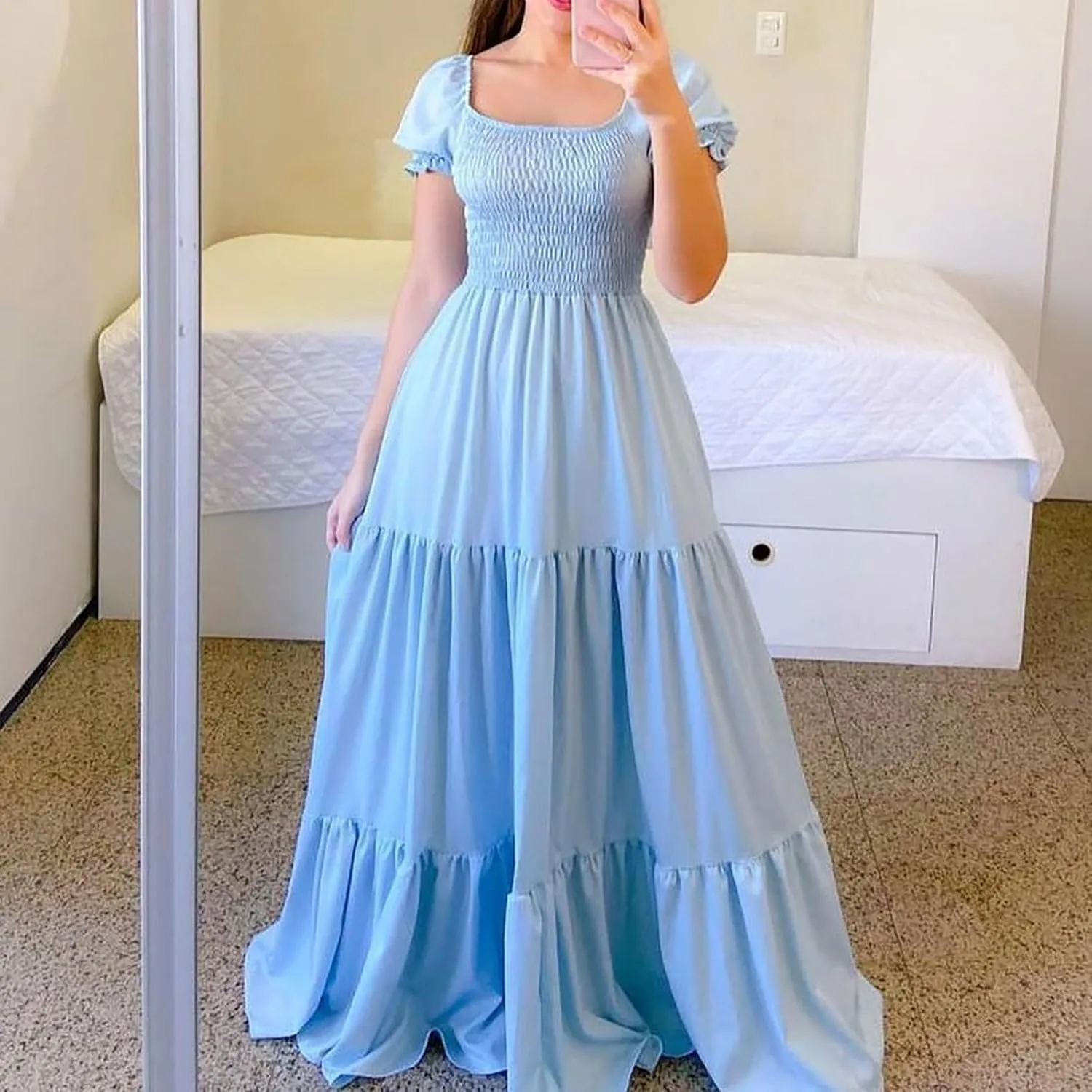 Modest Dresses for Women Flowy Comfy Smocked Short Puff Sleeve Tiered Ruffle Swing Homecoming Dress Country Concert Outfits