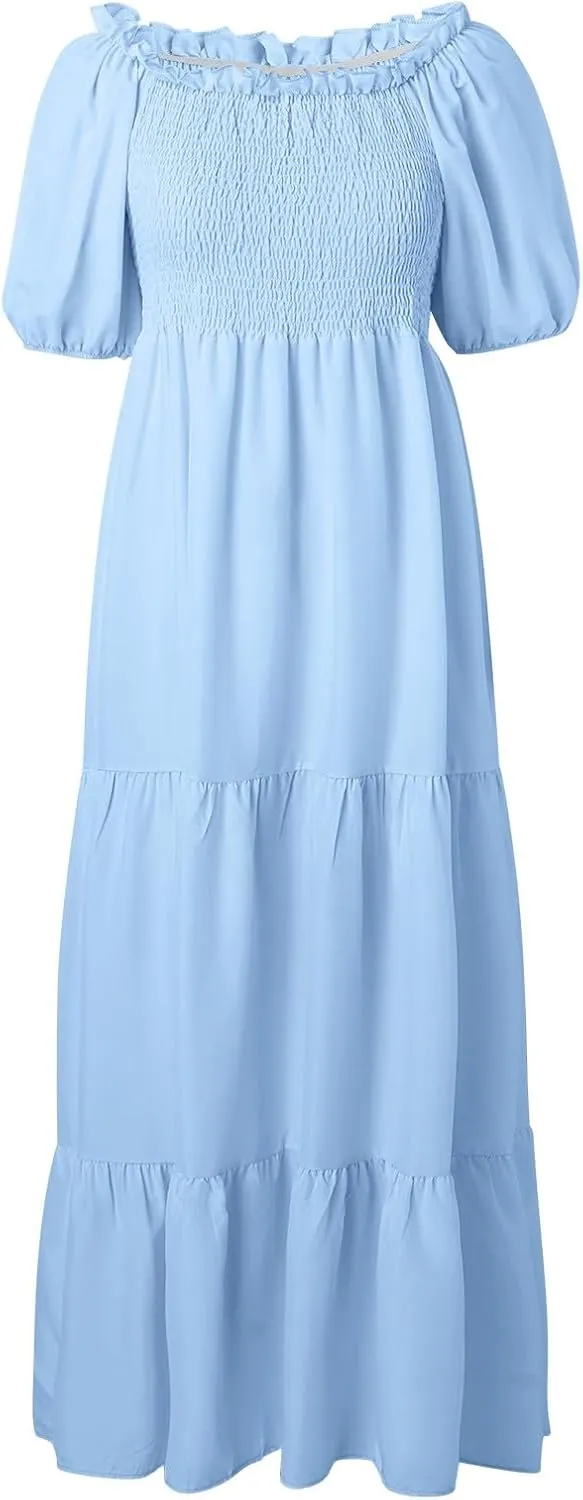 Modest Dresses for Women Flowy Comfy Smocked Short Puff Sleeve Tiered Ruffle Swing Homecoming Dress Country Concert Outfits