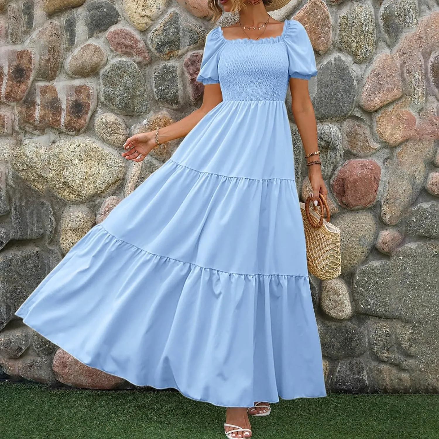 Modest Dresses for Women Flowy Comfy Smocked Short Puff Sleeve Tiered Ruffle Swing Homecoming Dress Country Concert Outfits