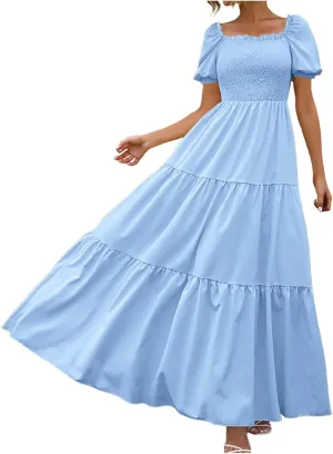 Modest Dresses for Women Flowy Comfy Smocked Short Puff Sleeve Tiered Ruffle Swing Homecoming Dress Country Concert Outfits