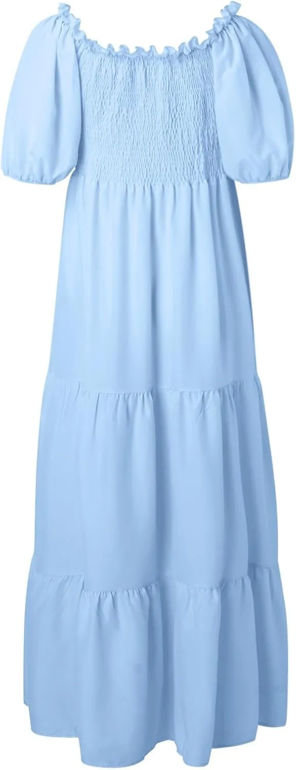 Modest Dresses for Women Flowy Comfy Smocked Short Puff Sleeve Tiered Ruffle Swing Homecoming Dress Country Concert Outfits