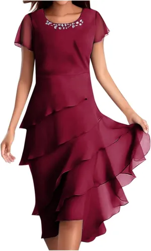 Mother of The Bride Dress Women's Tiered Flowy Sequin Chiffon Cocktail Midi Dress Wedding Guest Gown for Petite