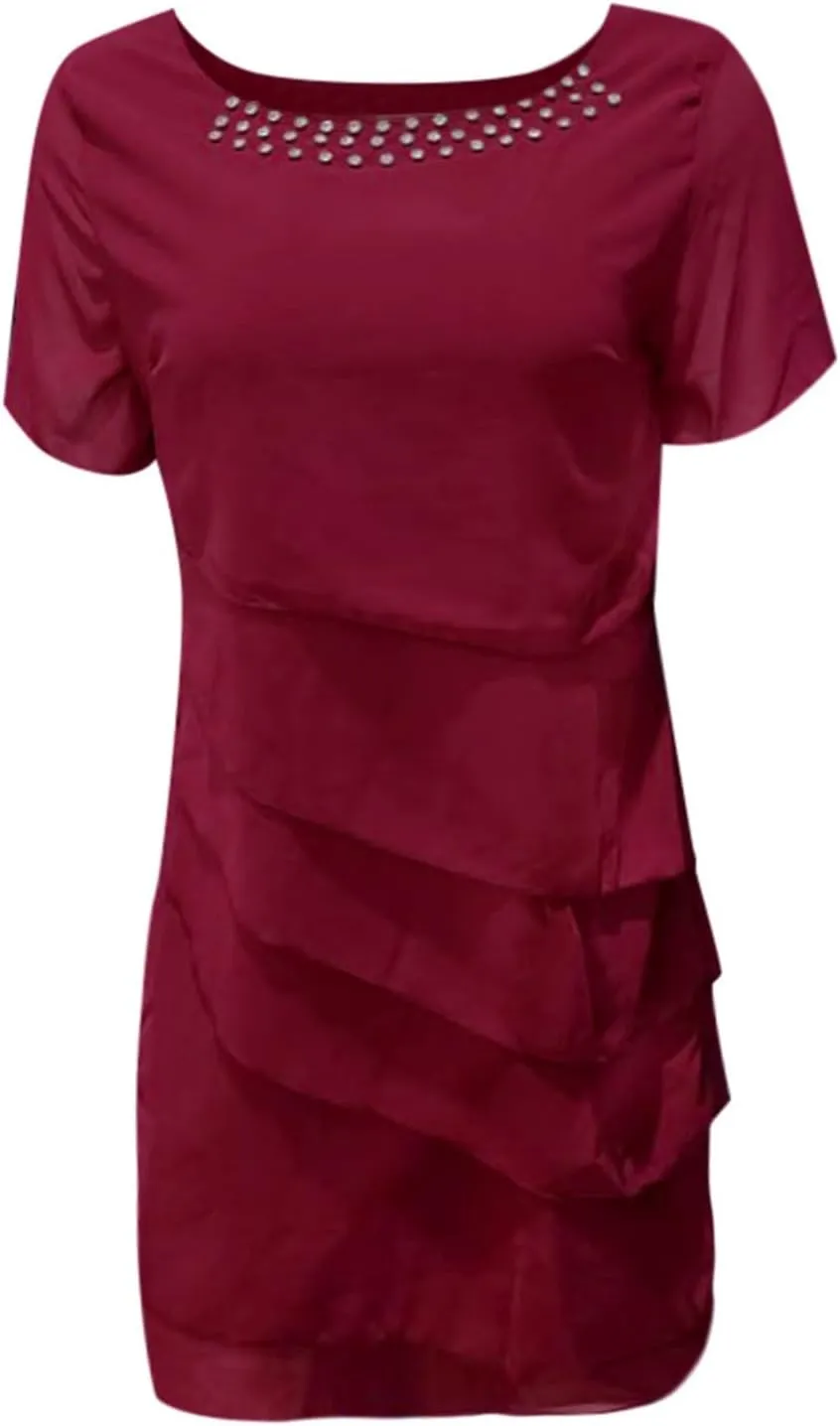 Mother of The Bride Dress Women's Tiered Flowy Sequin Chiffon Cocktail Midi Dress Wedding Guest Gown for Petite