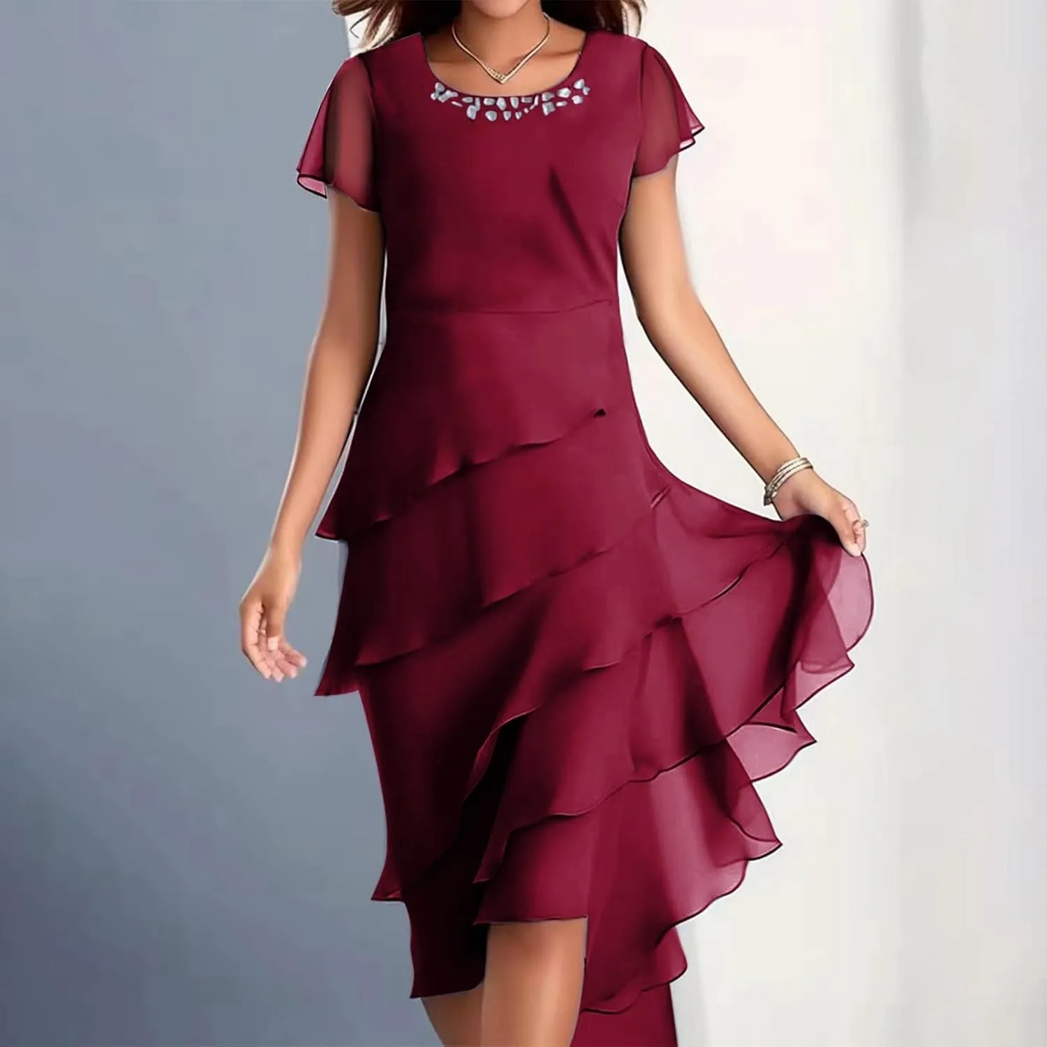 Mother of The Bride Dress Women's Tiered Flowy Sequin Chiffon Cocktail Midi Dress Wedding Guest Gown for Petite