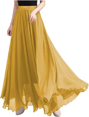Mulit-Layered Beach Skirt Women's Solid Elastic High Waist Flowy Trendy Ruffle Maxi Skirts Tropical Vacation Outfits