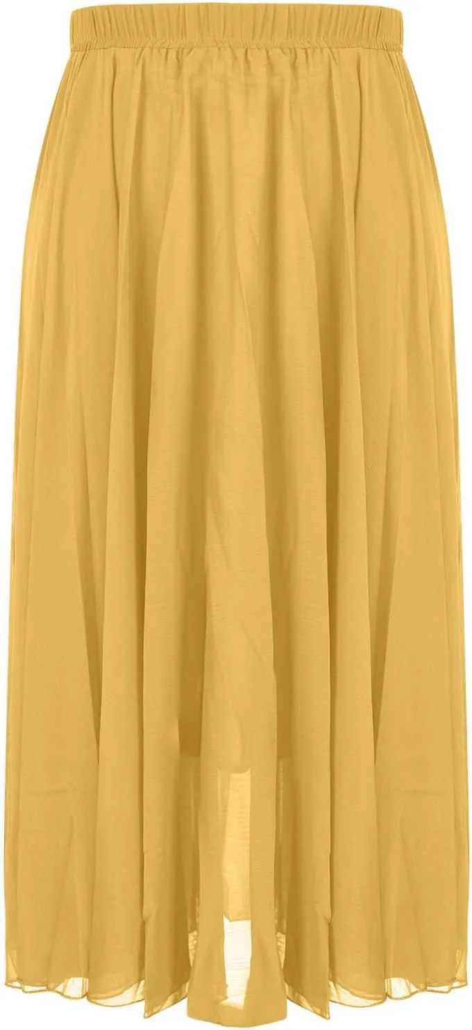 Mulit-Layered Beach Skirt Women's Solid Elastic High Waist Flowy Trendy Ruffle Maxi Skirts Tropical Vacation Outfits