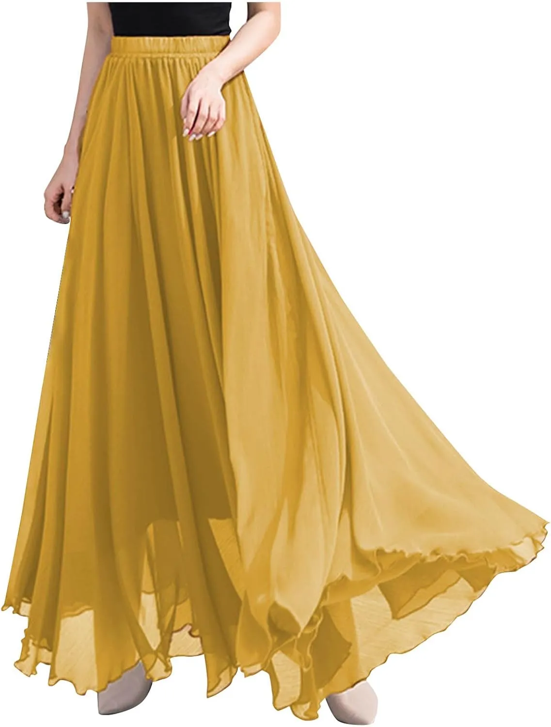Mulit-Layered Beach Skirt Women's Solid Elastic High Waist Flowy Trendy Ruffle Maxi Skirts Tropical Vacation Outfits