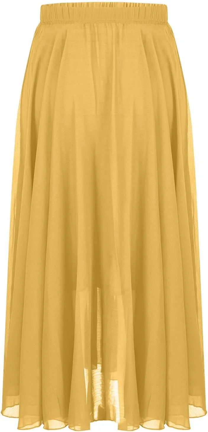 Mulit-Layered Beach Skirt Women's Solid Elastic High Waist Flowy Trendy Ruffle Maxi Skirts Tropical Vacation Outfits