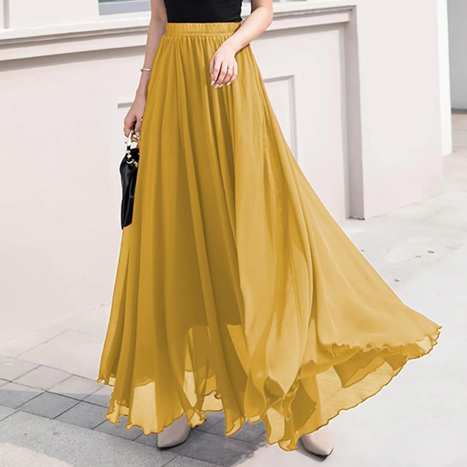 Mulit-Layered Beach Skirt Women's Solid Elastic High Waist Flowy Trendy Ruffle Maxi Skirts Tropical Vacation Outfits
