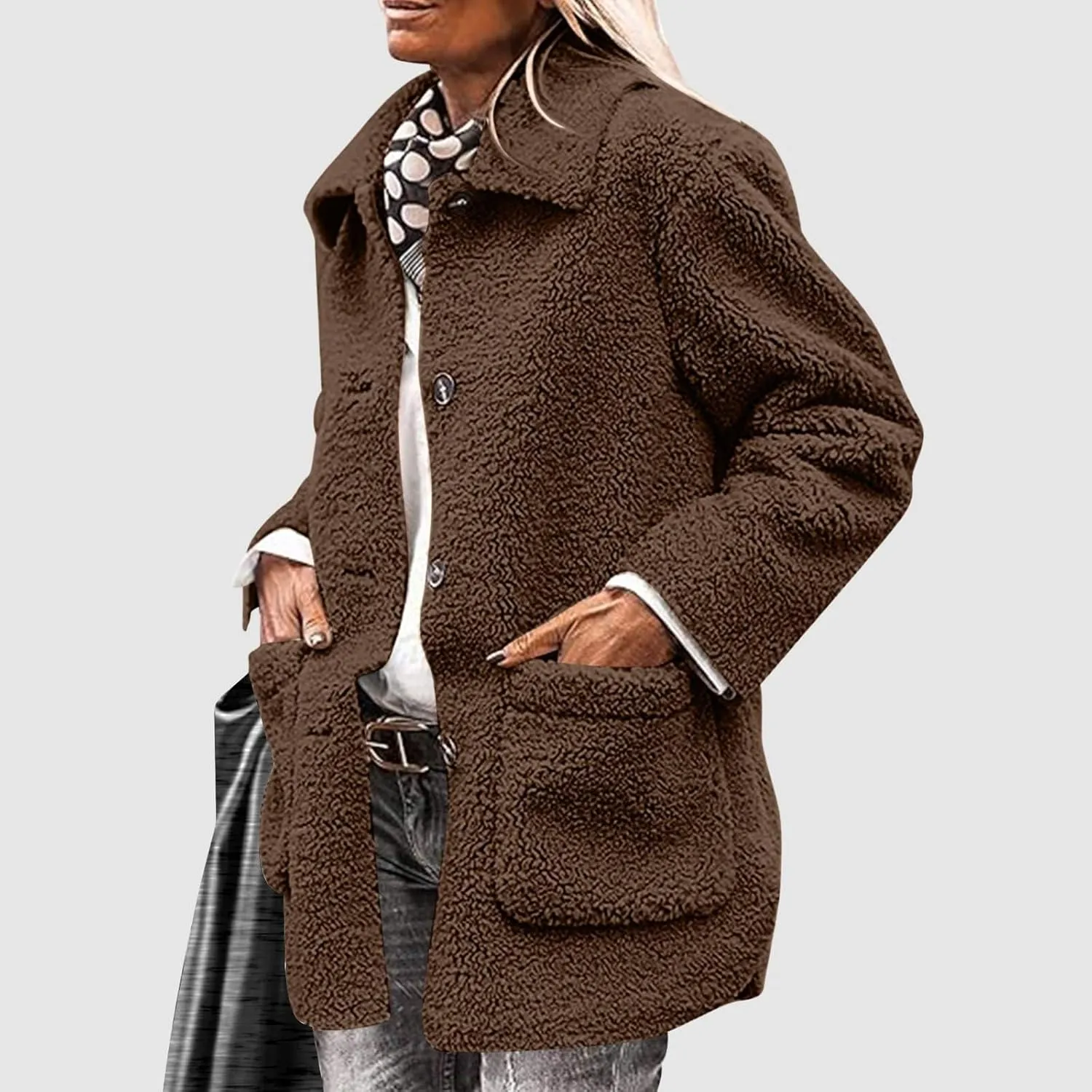 NBXNZWF Women's Winter Coats Long Sleeve Lapel Button Down Fleece Jacket Casual Trendy Fuzzy Warm Outerwear with Pockets