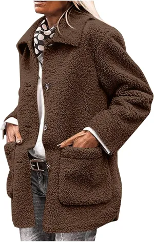 NBXNZWF Women's Winter Coats Long Sleeve Lapel Button Down Fleece Jacket Casual Trendy Fuzzy Warm Outerwear with Pockets