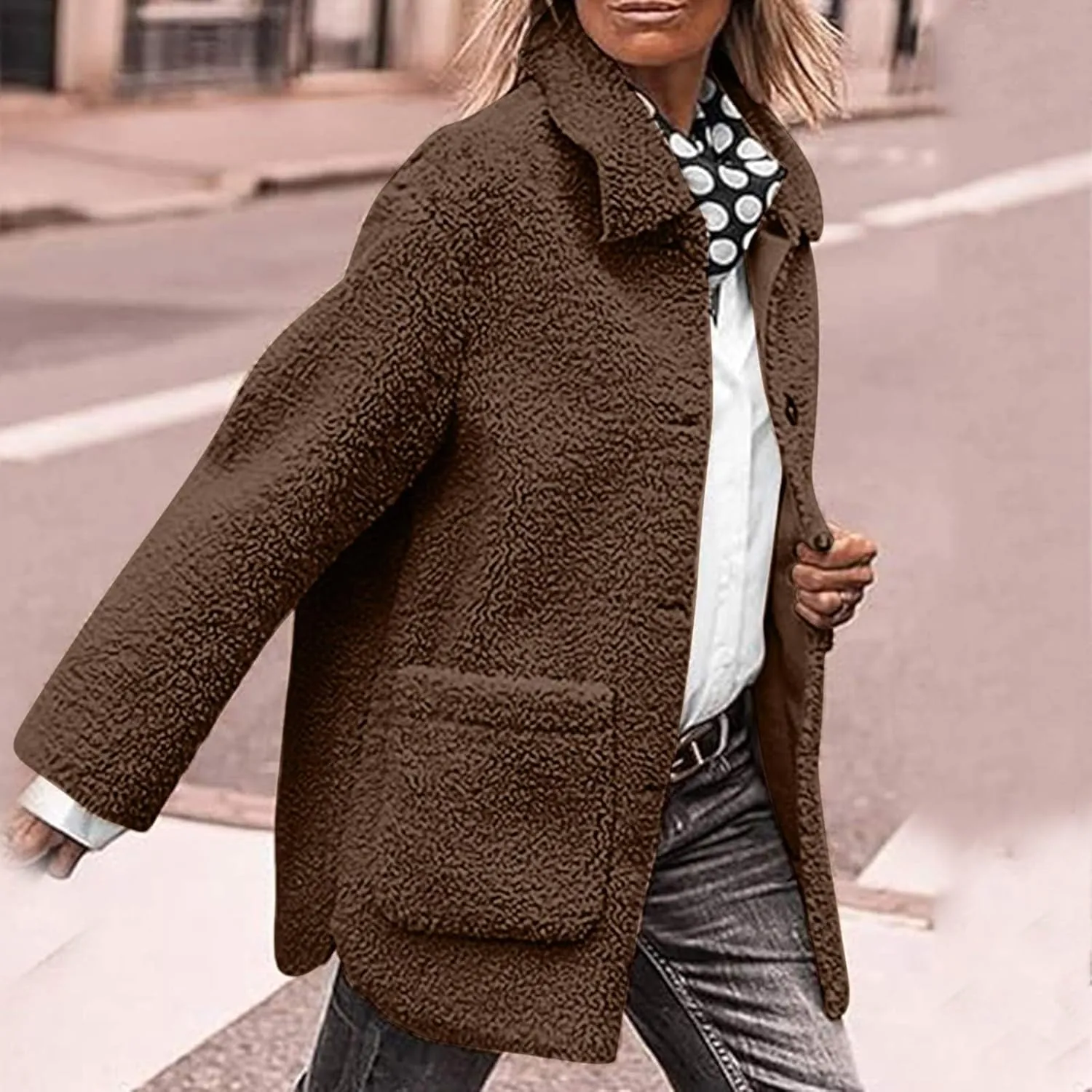 NBXNZWF Women's Winter Coats Long Sleeve Lapel Button Down Fleece Jacket Casual Trendy Fuzzy Warm Outerwear with Pockets