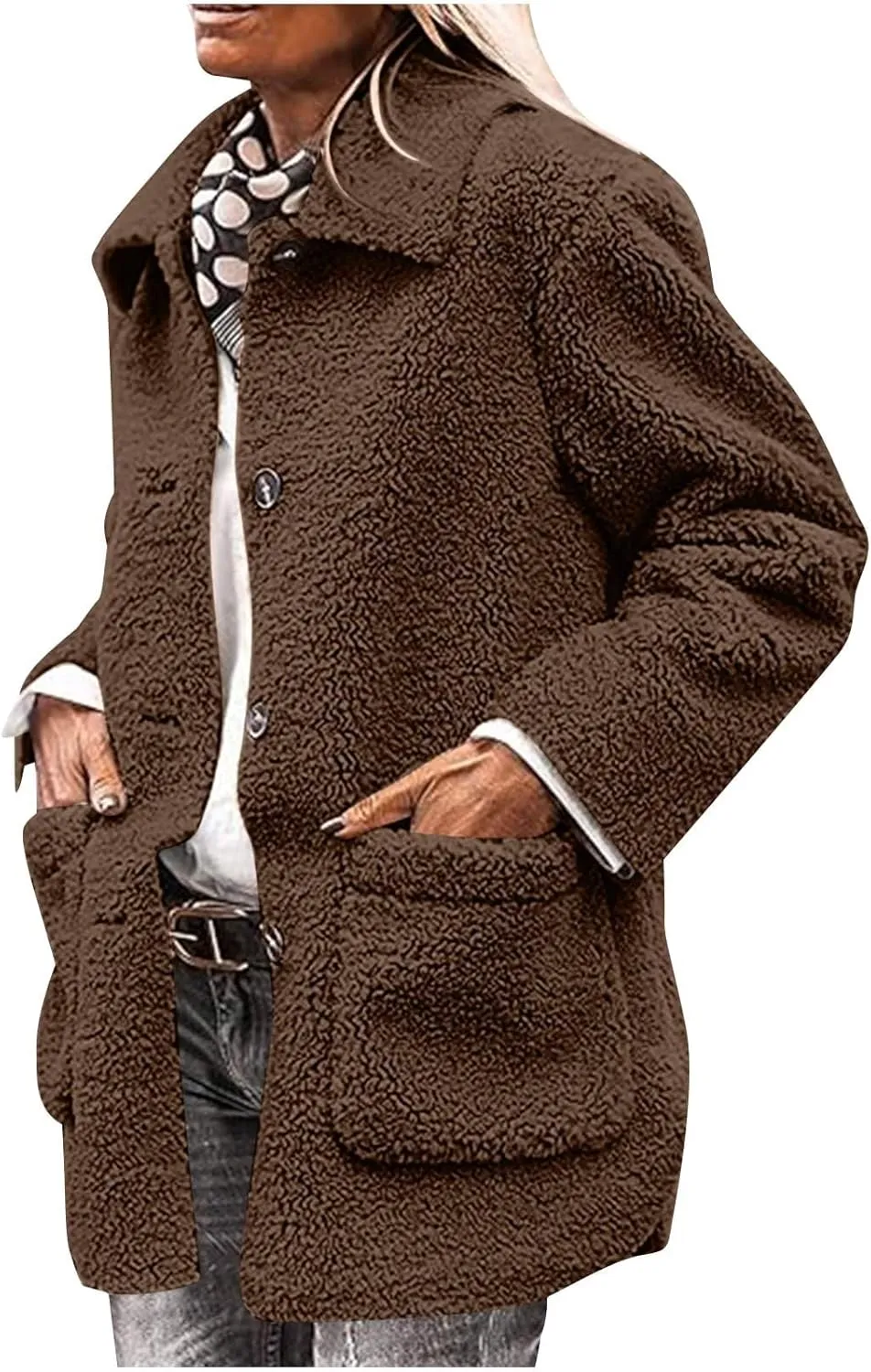 NBXNZWF Women's Winter Coats Long Sleeve Lapel Button Down Fleece Jacket Casual Trendy Fuzzy Warm Outerwear with Pockets