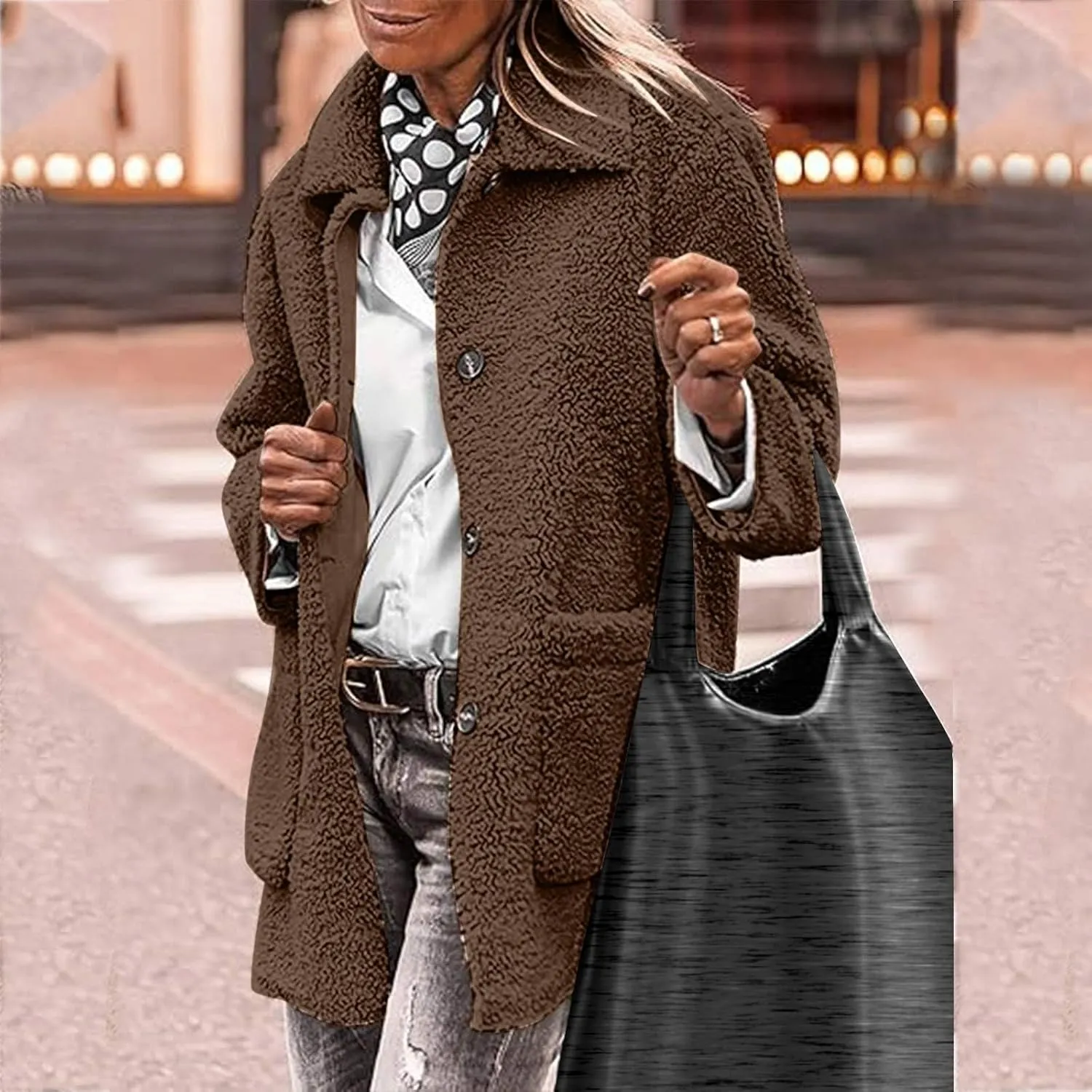 NBXNZWF Women's Winter Coats Long Sleeve Lapel Button Down Fleece Jacket Casual Trendy Fuzzy Warm Outerwear with Pockets