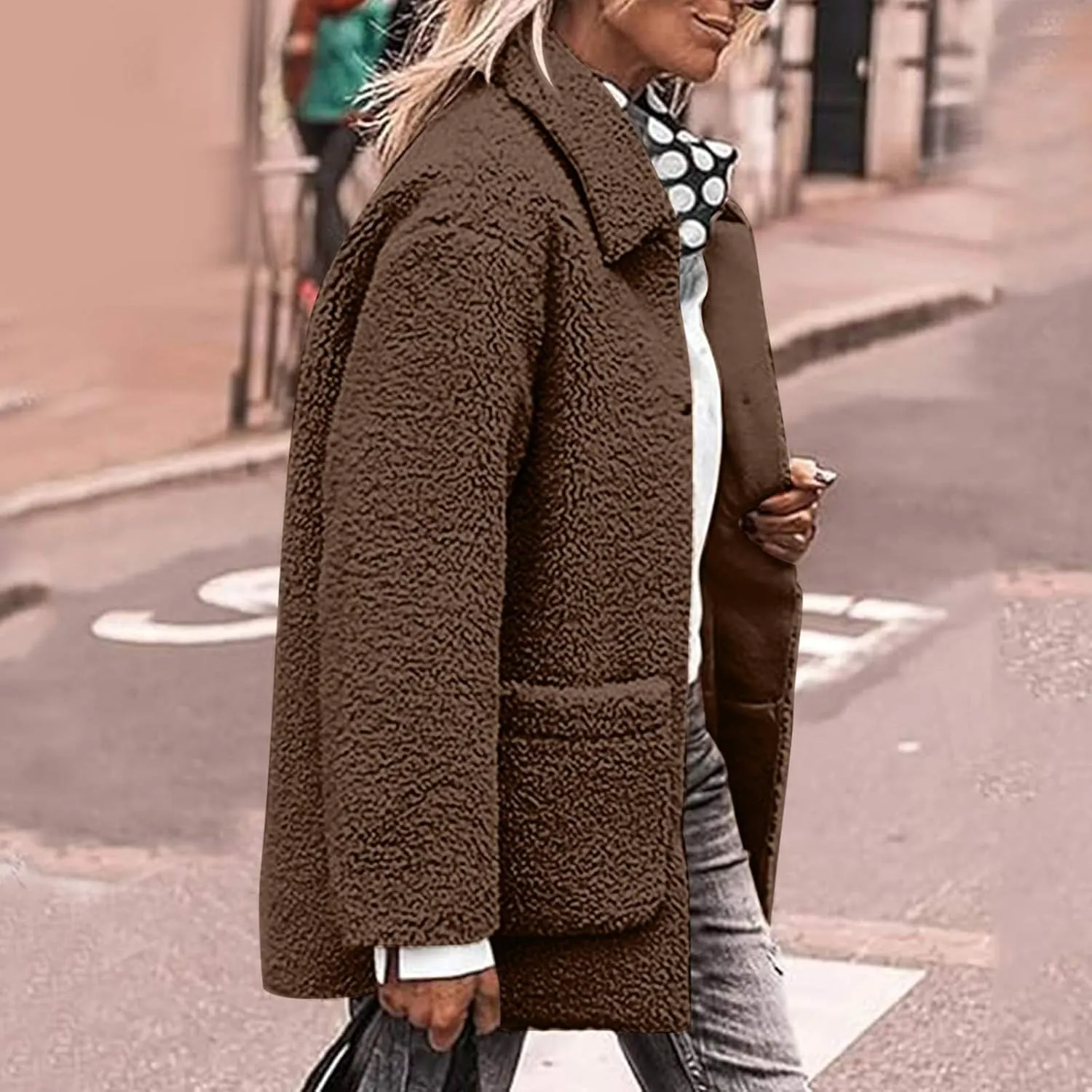 NBXNZWF Women's Winter Coats Long Sleeve Lapel Button Down Fleece Jacket Casual Trendy Fuzzy Warm Outerwear with Pockets