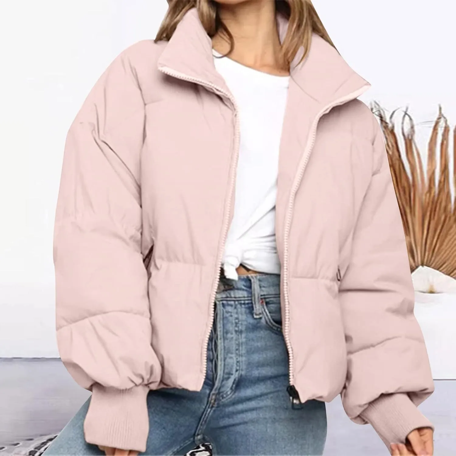 Oversized Puffer Jacket for Women Cropped Stand Collar Short Down Winter Coat Lightweight Quilted Jackets with Pocket