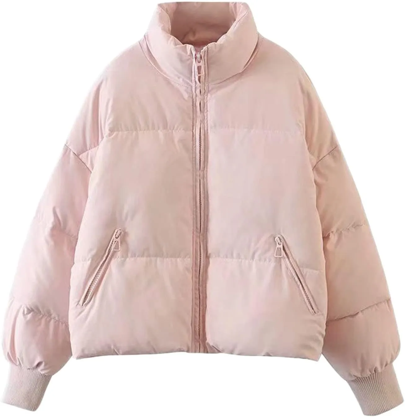Oversized Puffer Jacket for Women Cropped Stand Collar Short Down Winter Coat Lightweight Quilted Jackets with Pocket