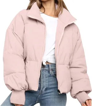 Oversized Puffer Jacket for Women Cropped Stand Collar Short Down Winter Coat Lightweight Quilted Jackets with Pocket