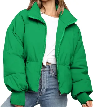 Oversized Puffer Jacket for Women Cropped Stand Collar Short Down Winter Coat Lightweight Quilted Jackets with Pocket