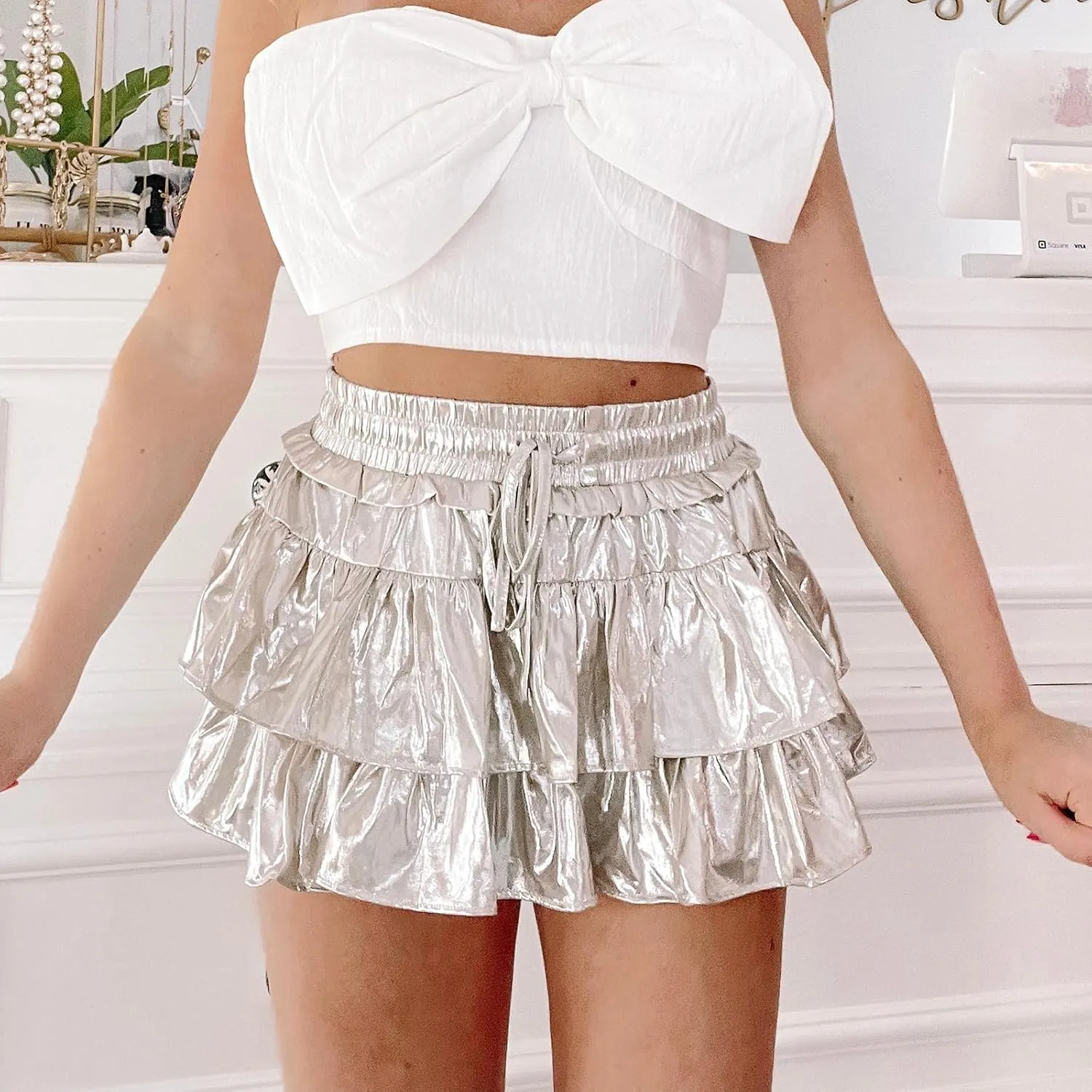 Owl's-Yard Women's Shiny Mini Skirts Metallic Ruffles Drawstring High Waist Pleated Skirts Summer Short Casual Party Skirts