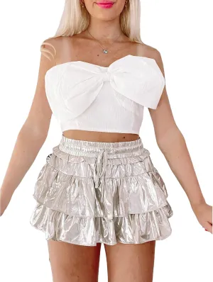 Owl's-Yard Women's Shiny Mini Skirts Metallic Ruffles Drawstring High Waist Pleated Skirts Summer Short Casual Party Skirts