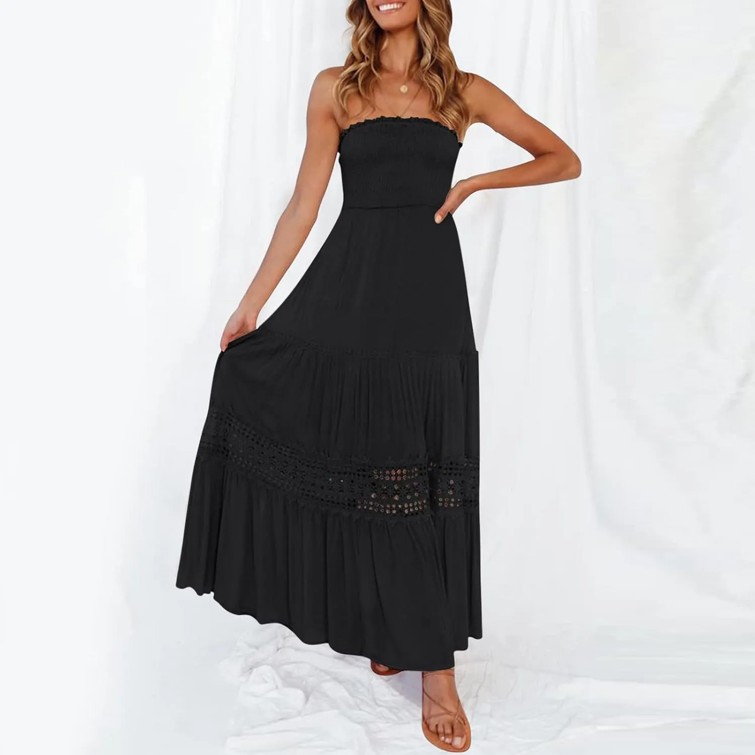 Party Dresses for Women Eyelet Strapless Lace Tiered Ruffle Smocked Ruched Dresses Evening Party Beach Vacation Clothes
