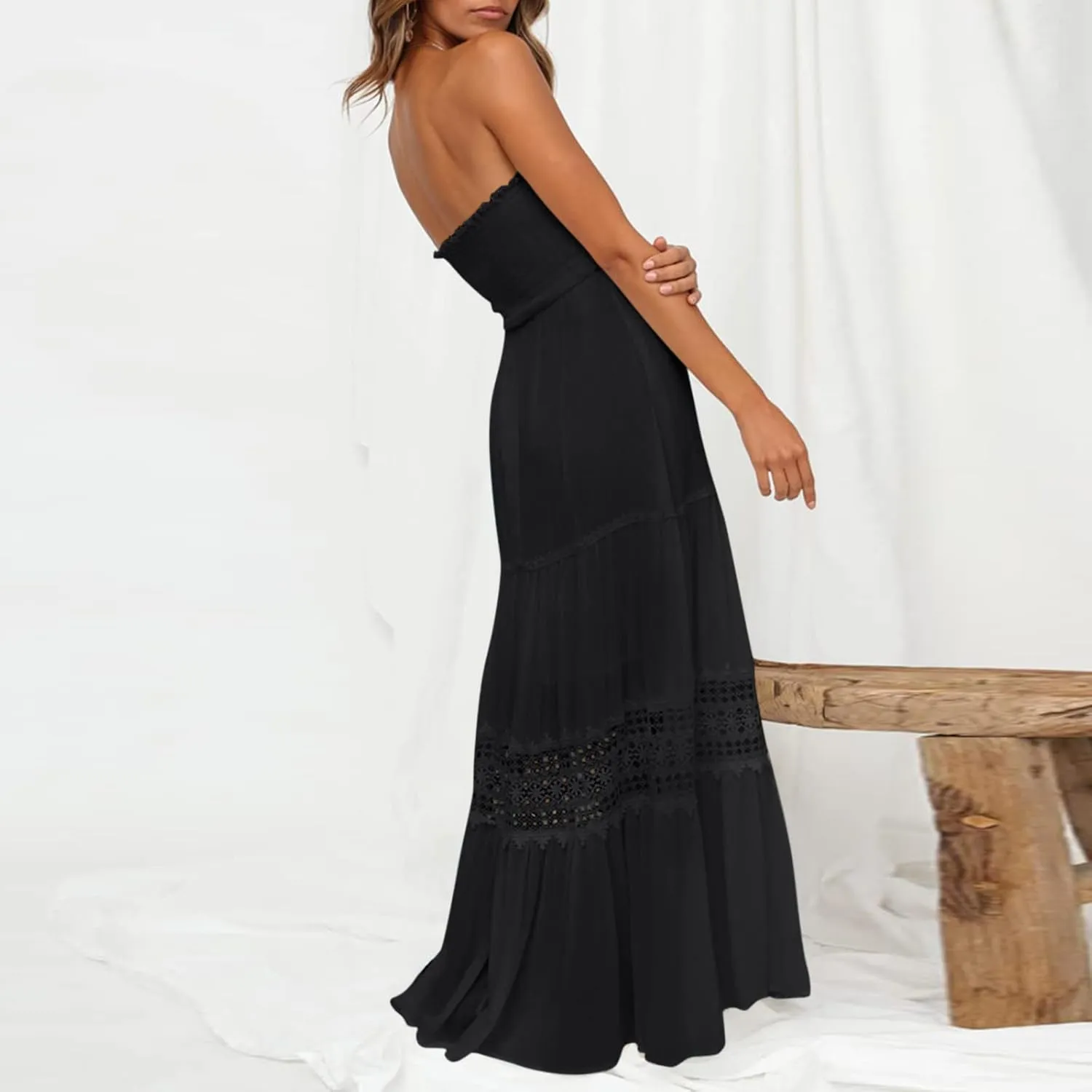 Party Dresses for Women Eyelet Strapless Lace Tiered Ruffle Smocked Ruched Dresses Evening Party Beach Vacation Clothes