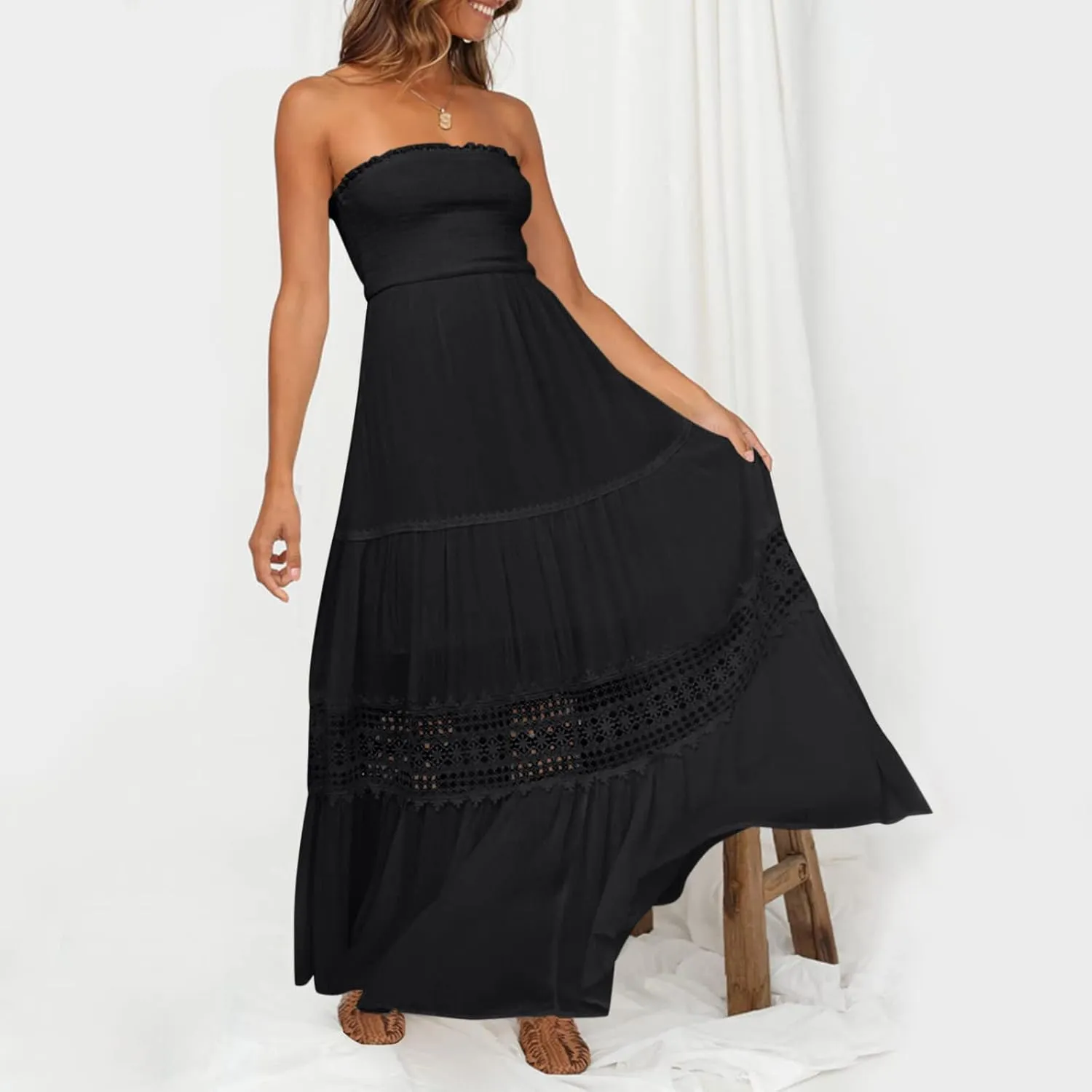 Party Dresses for Women Eyelet Strapless Lace Tiered Ruffle Smocked Ruched Dresses Evening Party Beach Vacation Clothes