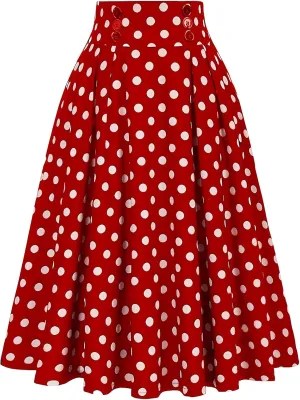 Pleated Skirts for Women Vintage Polka Dot A-line Midi Skirt Button High Waisted Skirt Flowy Long Skirts