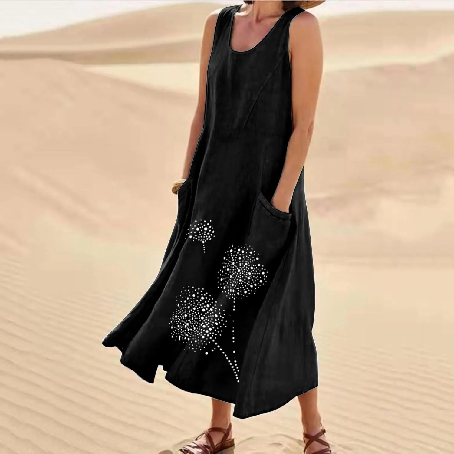 Plus Size Dresses for Women 2025 Casual Summer Boho Long Dress Dandelion Print Tank Beach Sundress with Pockets