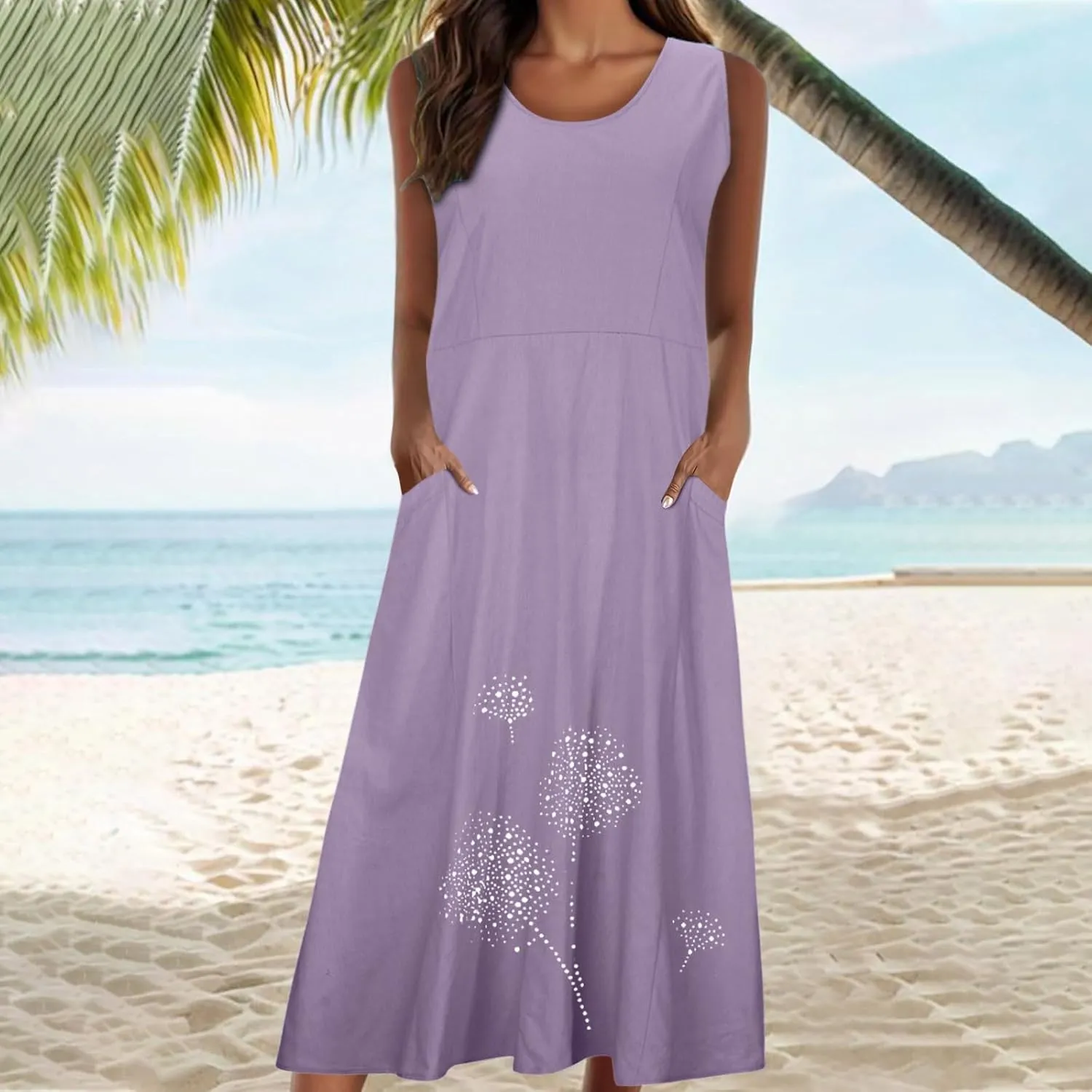 Plus Size Dresses for Women 2025 Casual Summer Boho Long Dress Dandelion Print Tank Beach Sundress with Pockets