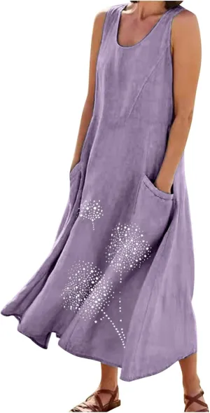 Plus Size Dresses for Women 2025 Casual Summer Boho Long Dress Dandelion Print Tank Beach Sundress with Pockets