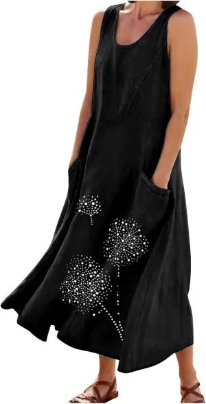 Plus Size Dresses for Women 2025 Casual Summer Boho Long Dress Dandelion Print Tank Beach Sundress with Pockets