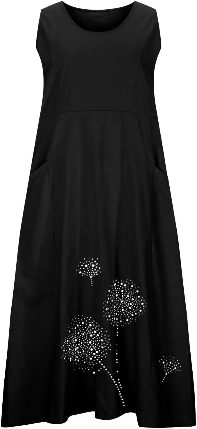 Plus Size Dresses for Women 2025 Casual Summer Boho Long Dress Dandelion Print Tank Beach Sundress with Pockets