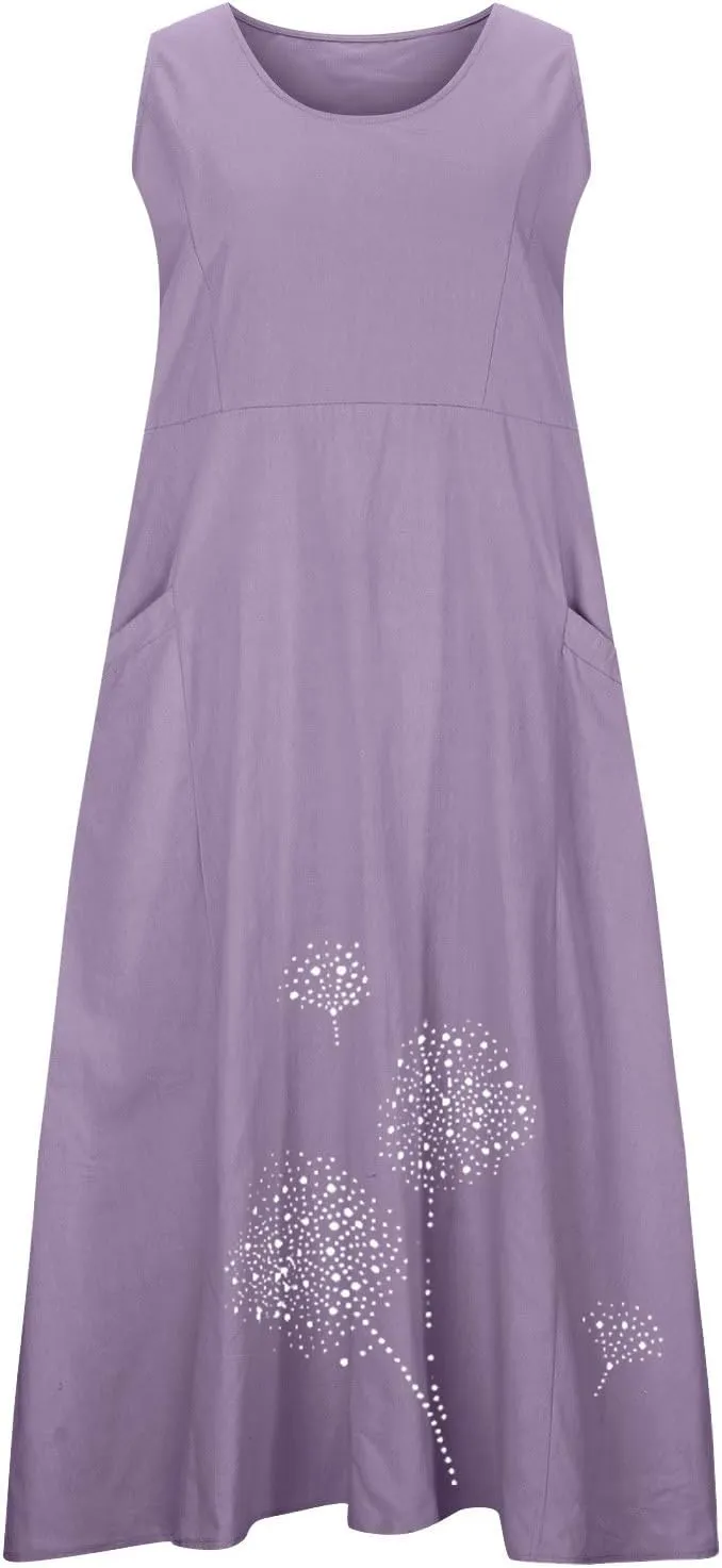 Plus Size Dresses for Women 2025 Casual Summer Boho Long Dress Dandelion Print Tank Beach Sundress with Pockets