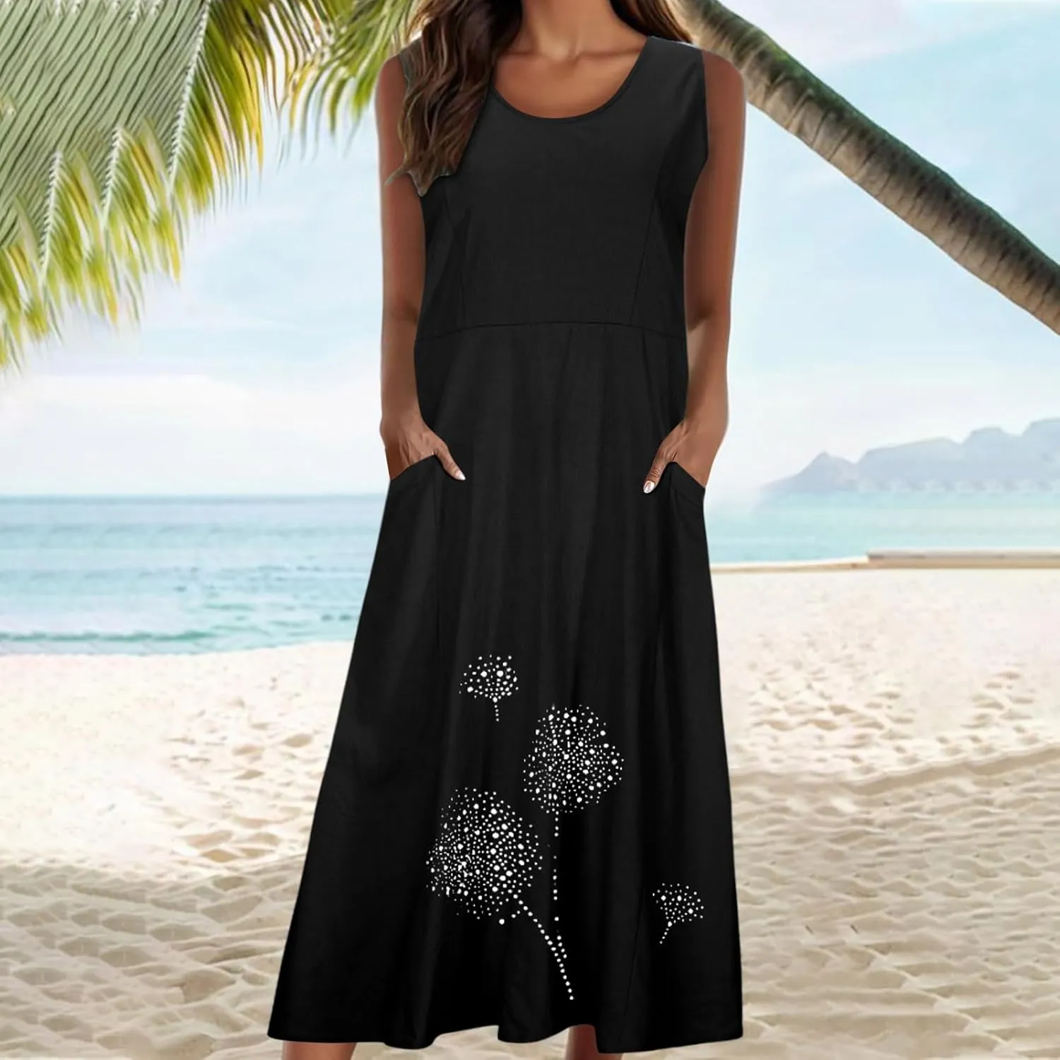 Plus Size Dresses for Women 2025 Casual Summer Boho Long Dress Dandelion Print Tank Beach Sundress with Pockets