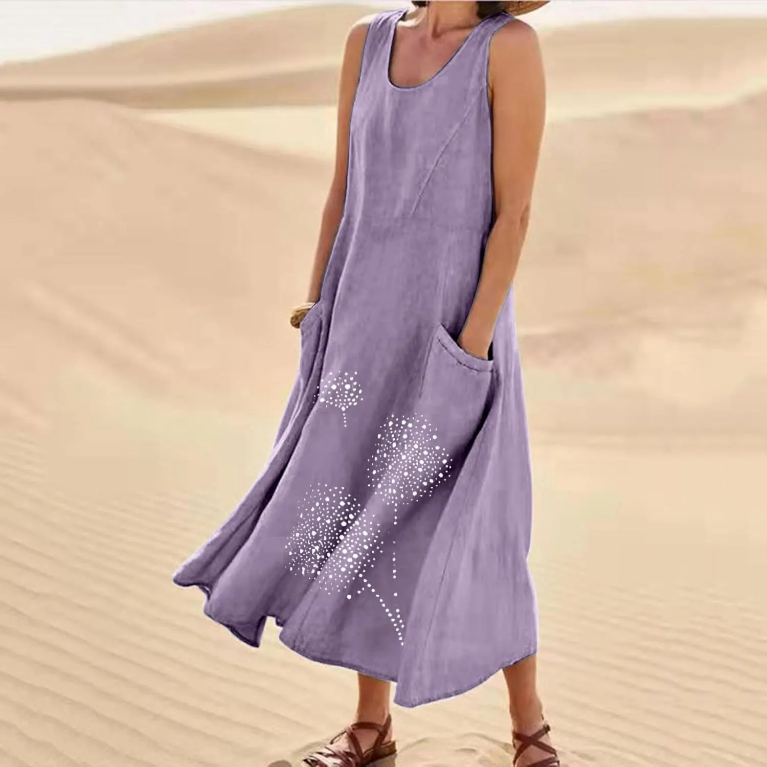 Plus Size Dresses for Women 2025 Casual Summer Boho Long Dress Dandelion Print Tank Beach Sundress with Pockets