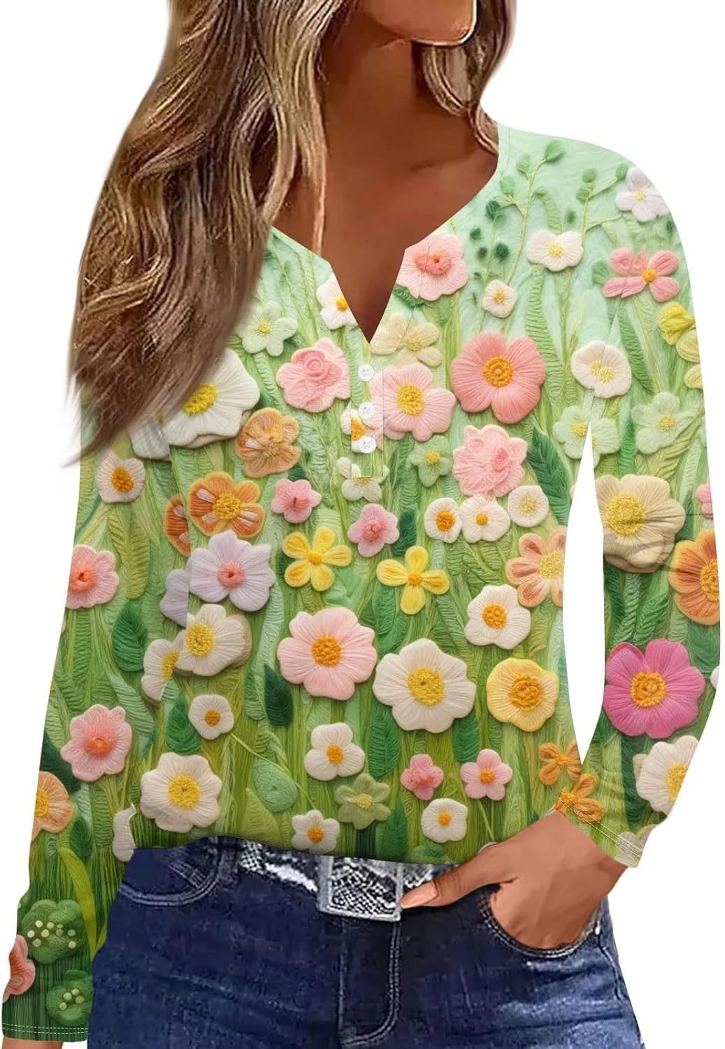 Plus Size Tops for Women Long Sleeve Tees Graphic Tops Floral Print Blouses Tunics V Neck Button Clothing