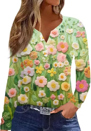 Plus Size Tops for Women Long Sleeve Tees Graphic Tops Floral Print Blouses Tunics V Neck Button Clothing