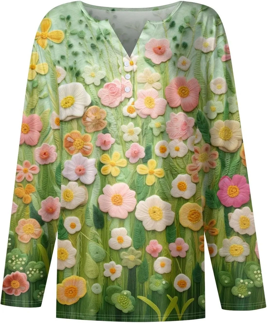 Plus Size Tops for Women Long Sleeve Tees Graphic Tops Floral Print Blouses Tunics V Neck Button Clothing