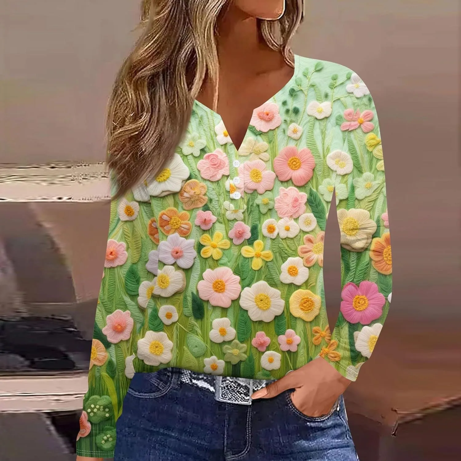 Plus Size Tops for Women Long Sleeve Tees Graphic Tops Floral Print Blouses Tunics V Neck Button Clothing