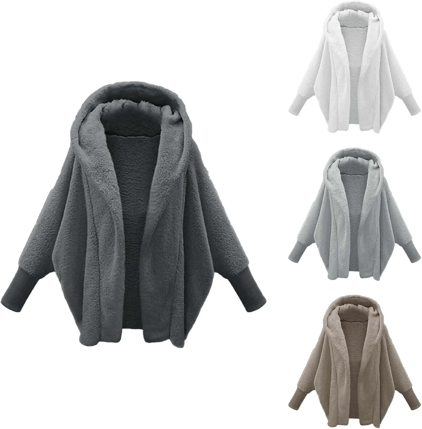 Plus Size Winter Fleece Cardigan Jackets for Women with Hood Sherpa Thermal Lantern Sleeve Fuzzy Cozy Coats Outerwear