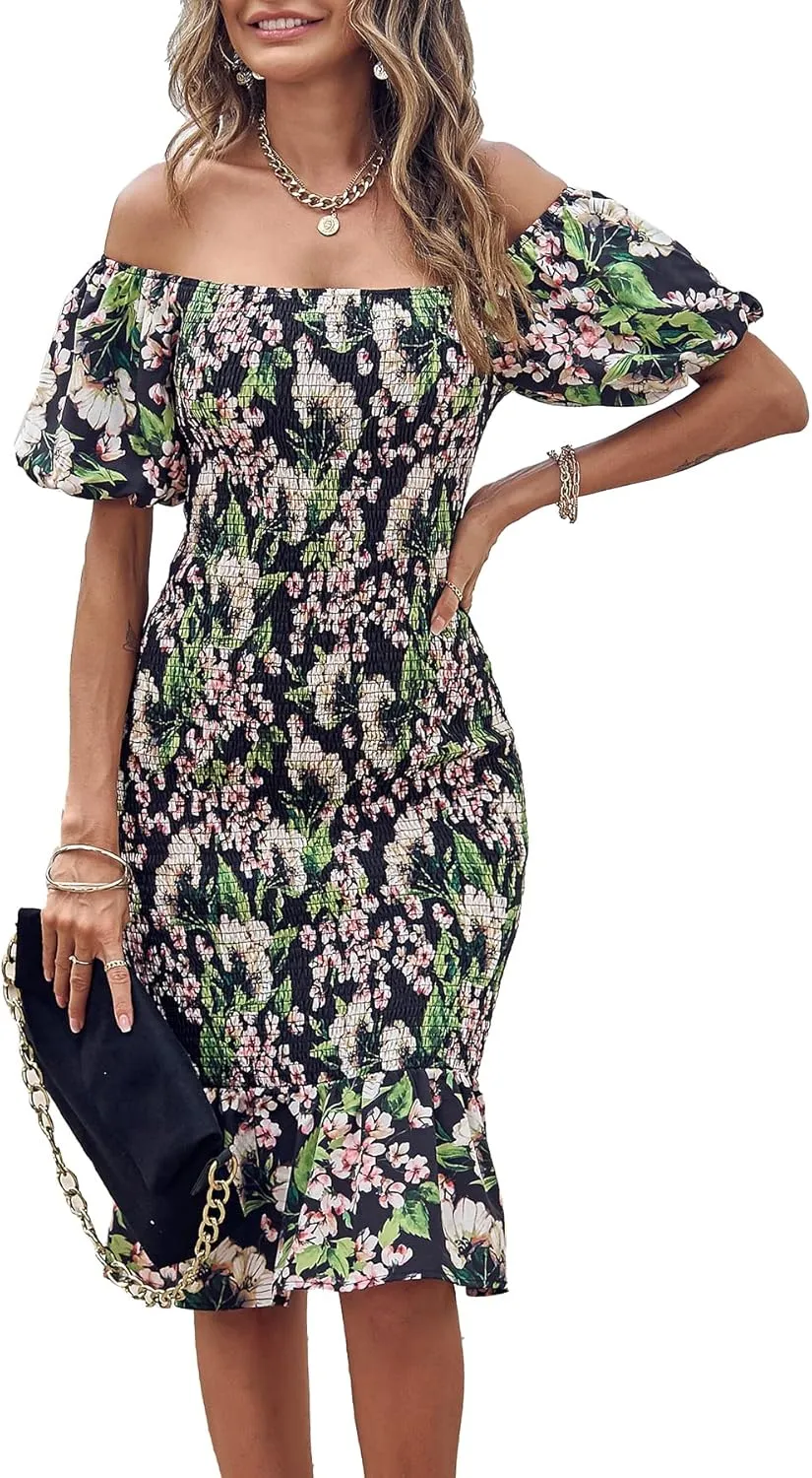 PRETTYGARDEN Summer Floral Bodycon Midi Dresses 2025 Puff Sleeve Mermaid Cocktail Baby Shower Photoshoot Maternity Dress