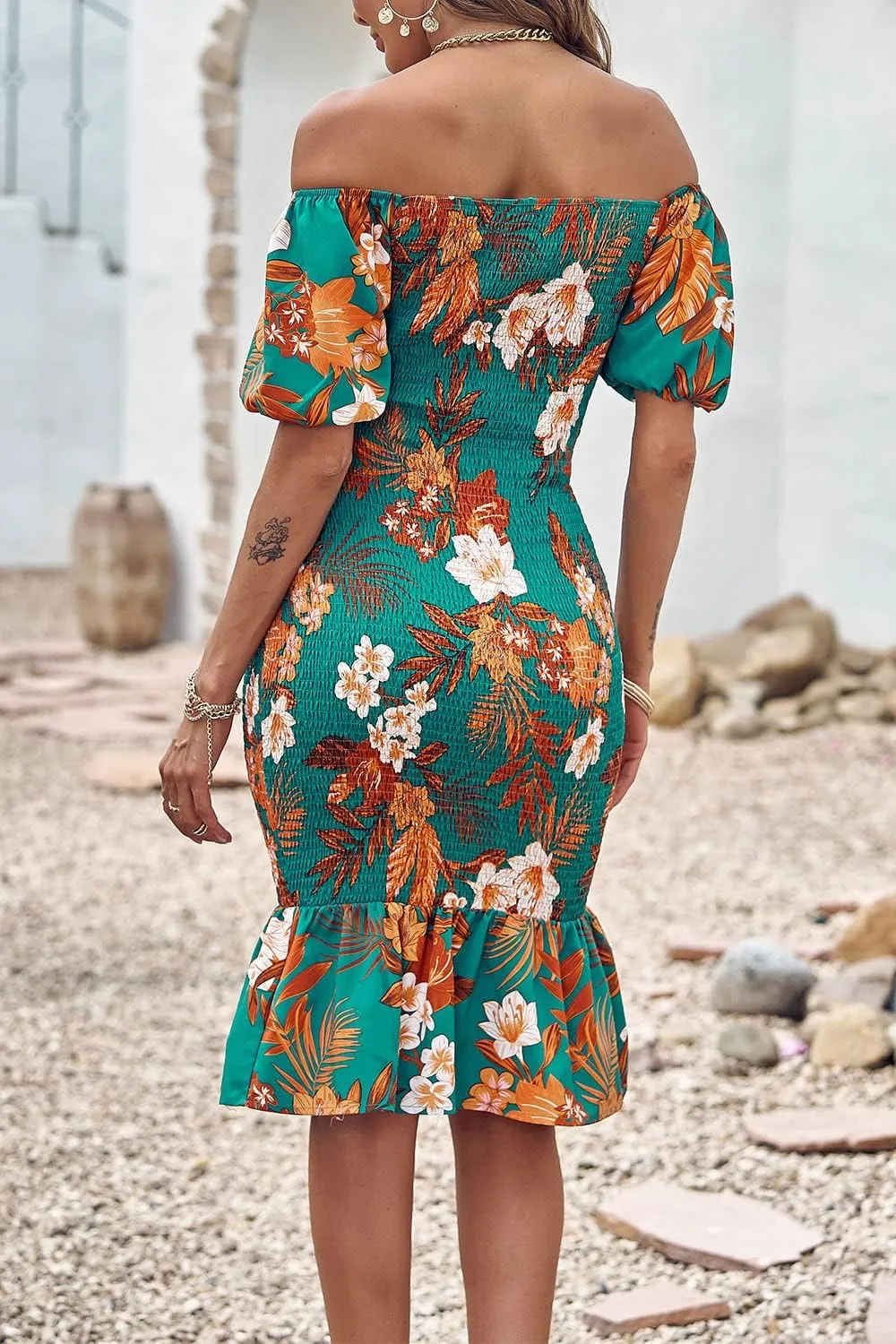 PRETTYGARDEN Summer Floral Bodycon Midi Dresses 2025 Puff Sleeve Mermaid Cocktail Baby Shower Photoshoot Maternity Dress